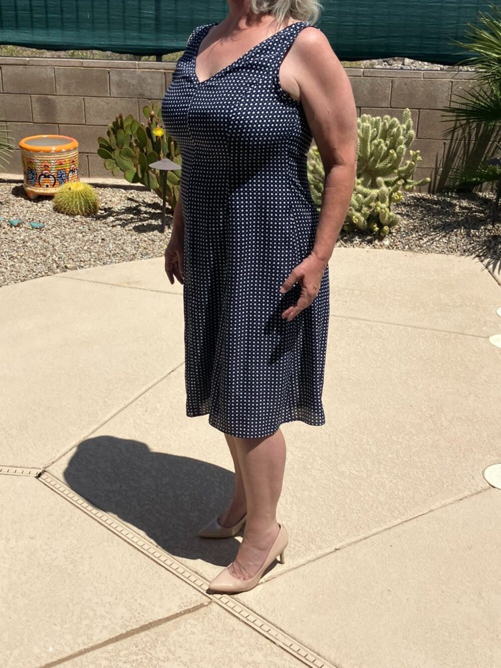 Jones New York Navy Blue with White dots V Neck Midi Dress 16